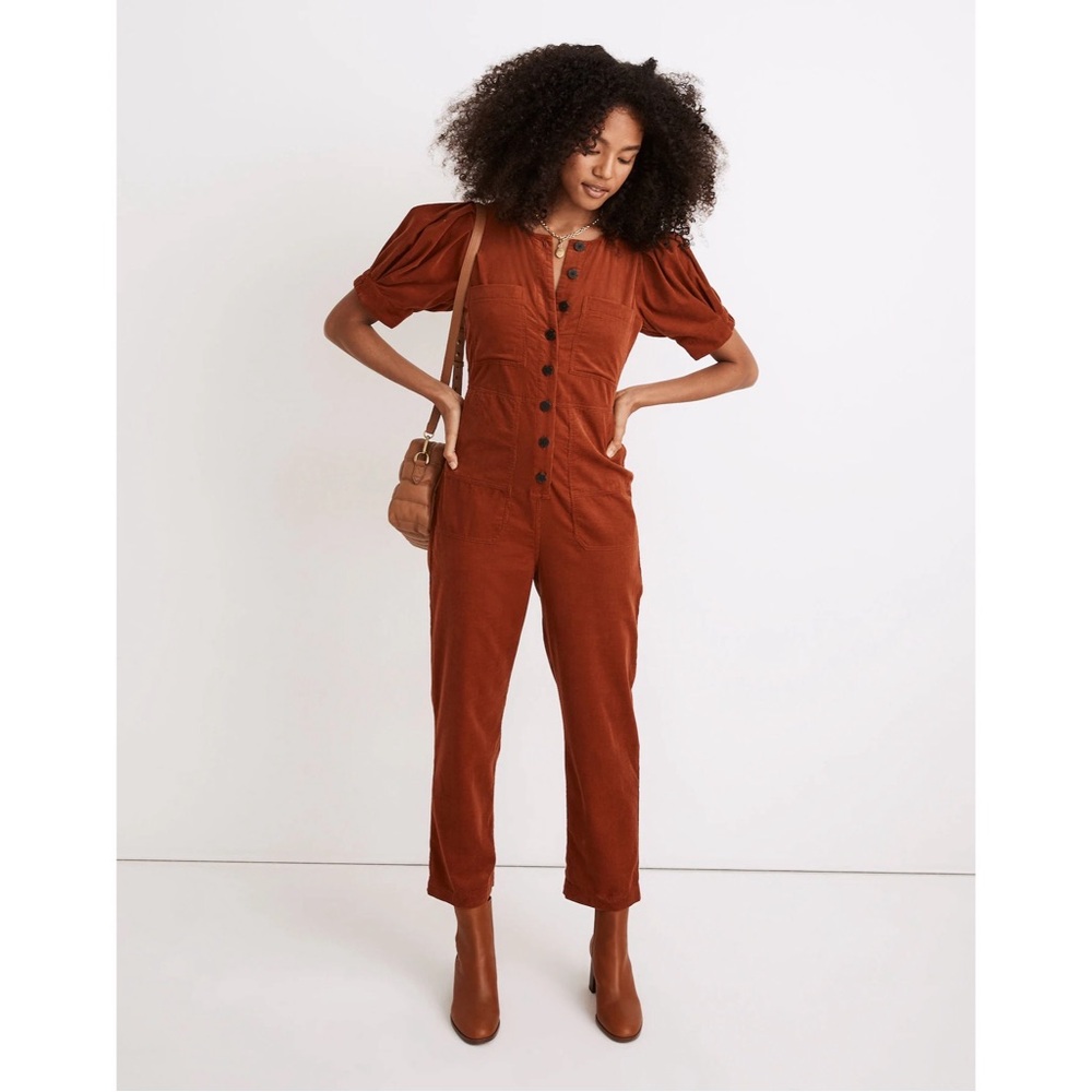 Madewell Petite Corduroy Puff-Sleeve Button-Front Jumpsuit in Warm Nutmeg 14